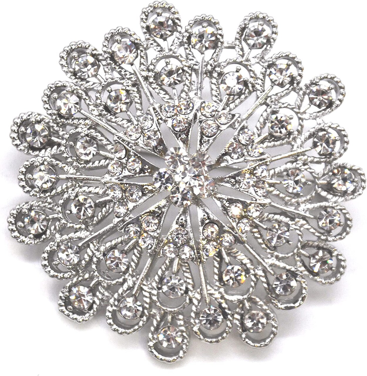 Belagio Rhinestone Brooch, 2.5" Diameter, 1 Piece, Peacock Medallion, Silver/Crystal